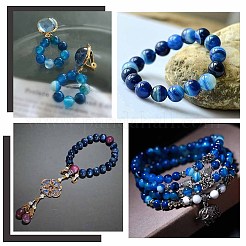 3連売り天然縞瑪瑙/縞瑪瑙ビーズ連売り  染め＆加熱  グレードA  ラウンド  ブルー  8mm  穴：1mm  約43個/連  15.5インチ&nbsp;G-OC0004-34