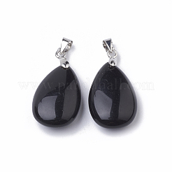 天然なオブシディアンの原石のペンダント  プラチナトーンの真鍮パーツ  ティアドロップ  23.5x15x8mm  穴：4x4mm&nbsp;G-S299-35