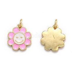 真鍮製エナメルチャーム  カドミウムフリー＆鉛フリー  18KGP本金メッキ  長持ちメッキ  花  パールピンク  14.5x13x1.5mm  穴：3mm&nbsp;X-KK-O135-01A