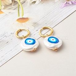 女の子の女性のための3d印刷されたナザールボンジュウの丸い模造真珠のイヤリング  304ステンレススチール製のフープピアス  ゴールドカラー  34mm  ピン：1mm&nbsp;EJEW-JE04605