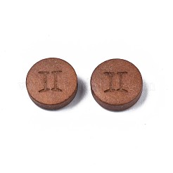 レーザー彫刻された木製ビーズ  星座12個のフラットラウンド  染め  キャメル  双子座  12x4mm  穴：1.6mm&nbsp;WOOD-S053-53K