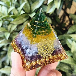 オルゴナイトピラミッド樹脂エネルギー発生器  レイキ天然アメジスト＆シトリンチップ＆銅線入り、ホームオフィスデスク装飾用  60mm&nbsp;PW-WGA3D9B-01
