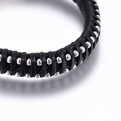 レザー編み込みコードブレスレット  304ステンレススチール製マグネット留め具  長方形  ブラック  8-5/8インチ（22cm）  11x6mm&nbsp;BJEW-E345-11B
