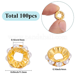 合金スペーサービーズ100個。  absプラスチックパール  大穴ビーズ  フラットラウンド  ゴールドカラー  11.5x4mm  穴：4mm&nbsp;FIND-SC0021-51G