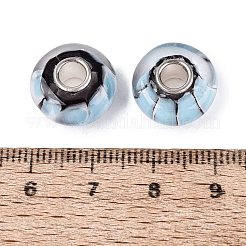手作りのランプワークと真鍮芯のヨーロピアンビーズ  大穴ビーズ  線模様のロンデル  ライトスカイブルー  13~15x7.5~8.5mm  穴：4~4.5mm&nbsp;LS-LAMP-N044-01S-02