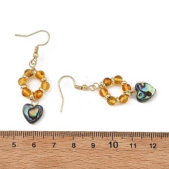 Heart Natural Amber & Abalone Shell/Paua Shell Dangle Earrings&nbsp;EJEW-JE07358-02