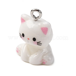 不透明樹脂ペンダント  猫  プラチナ鉄ループ付き  ホワイト  19x15x10.5mm  穴：2mm&nbsp;RESI-Z036-02P