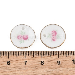 手作りの磁器のペンダント  印刷  バラのチャーム付きフラットラウンド  ピンク  15~15.5x3~3.5mm  穴：1.7mm&nbsp;PR-CBAF5A8-01