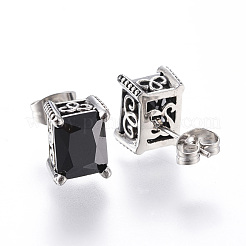 316サージカルステンレススタッドピアス  長方形  キュービックジルコニア付き  アンティークシルバー  ブラック  10x8x6mm  ピン：0.8mm&nbsp;EJEW-H314-01A