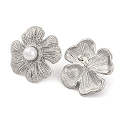 304ステンレススチールとプラスチックの模造真珠スタッドピアス（女性用）  花  ステンレス鋼色  27x27mm&nbsp;EJEW-Z057-11P
