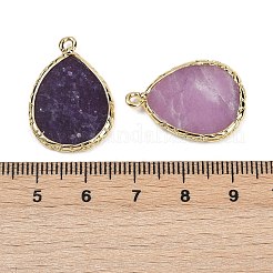 天然レピドライトペンダント  ラックメッキ真鍮ティアドロップチャーム付き  ゴールドカラー  25x18x2.5mm  穴：1.4~1.6mm&nbsp;G-K347-08G-02