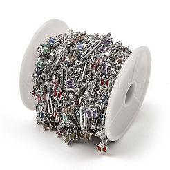 ラックメッキ真鍮リンクチェーン  蝶のガラスチャーム付き  長持ちメッキ  ハンダ付け  スプールで  プラチナ  蝶：9x7x2mm  リンク：16x3x0.2mmと6.5x9x3mm  約32.81フィート（10m）/ロール&nbsp;CHC-A007-09P