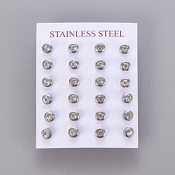 304ステンレススチールラインストーンスタッドピアス  ピアスキャッチ/ピアスバックキャッチ付き  フラットラウンド  ステンレス鋼色  6mm  ピン：0.7mm  12のペア/カード&nbsp;EJEW-F227-02P-B