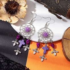 Woven Web/Net with Cross & Skull Synthetic Turquoise Dangle Earrings&nbsp;EJEW-JE05865-02