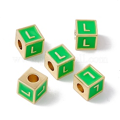 メッキ真鍮エナメルビーズラック  カドミウムフリー＆ニッケルフリー＆鉛フリー  18KGP本金メッキ  文字付きのキューブ  ライムグリーン  文字L  6x6x6mm  穴：2.5mm&nbsp;KK-B060-04G-02L