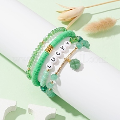 4Pcs 4 Style Glass & Polymer Clay Beaded Stretch Bracelets Set with Clover Charms&nbsp;BJEW-TA00305