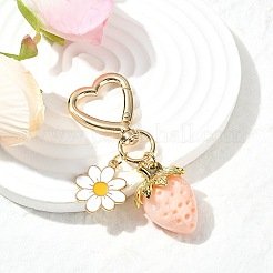 アクリル製イチゴペンダント装飾  合金エナメルの花とハートの回転スナップフック留め金チャーム  ミスティローズ  70mm&nbsp;HJEW-SW00120-04