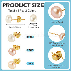 6Pcs 3 Colors Natural Cultured Freshwater Pearl Stud Earrings&nbsp;EJEW-TAC00026
