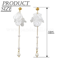 アクリルパールの花びらとシェルパールビーズのスタッドダングルイヤリング  真鍮パーツ  ゴールドカラー  93mm&nbsp;EJEW-YW00005