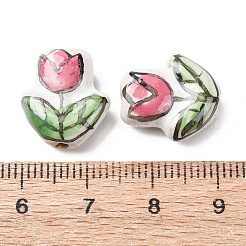 手作りの磁器エナメルビーズ  手描きの陶器ビーズ  チューリップの花  パールピンク  16x14x7mm  穴：2mm&nbsp;PORC-B006-02A