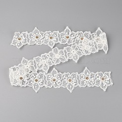 ライトゴールデンブラウンビーズのオーガンジーリボン  花刺繍レーストリムリボン  ホワイト  2-1/2インチ（63mm）  15ヤード/カード&nbsp;FW-TAC0003-04