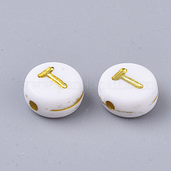 メッキアクリルビーズ  ゴールドライン入り  水平穴  アルファベット付きのフラットラウンド  ホワイト  文字.t  7x3.5mm  穴：1.2mm  約3600個/500g&nbsp;PACR-R242-01T