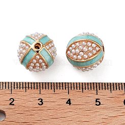 合金エナメルビーズ  ABSの模造パールと  金色。丸い  淡いターコイズ  13.5x13.5mm  穴：2mm&nbsp;FIND-E046-11G-05
