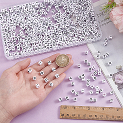 600個 5スタイル アクリル 横穴文字ビーズ  aeoiu の文字が書かれた立方体  ホワイト  6x6x6mm  120個/スタイル&nbsp;OACR-ME0001-34