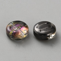 透明電気メッキUVメッキガラスビーズ  虹色の  アルファベット付きフラットラウンド  U字  10x4.5mm  穴：1mm&nbsp;GLAA-TAC0024-12C-U