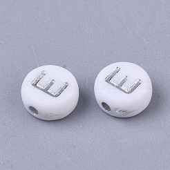 メッキアクリルビーズ  シルバーライン入り  水平穴  アルファベット付きフラットラウンド  ホワイト  文字.e  7x4mm  穴：1.2mm  約3600個/500g&nbsp;PACR-R243-04E