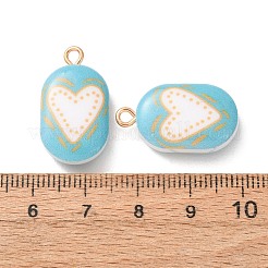 プリント合金とアクリルパーツ  鉄のリング付き  楕円形、ハートチャーム付き  ブルー  ゴールドカラー  24x13x7mm  穴：2mm&nbsp;AL-CBAE25B-04E-G