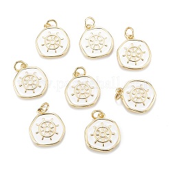 真鍮製エナメルペンダント  丸カン付き  カドミウムフリー＆鉛フリー  長持ちメッキ  舵付きのフラットラウンド  ホワイト  18KGP本金メッキ  17x14.5x2.5mm  穴：3.5mm&nbsp;X-KK-A155-07G