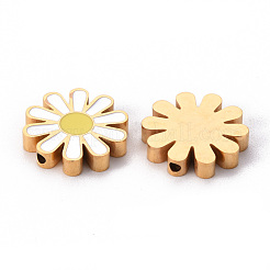304ステンレススチールエナメルビーズ  デイジー  ホワイト  ゴールドカラー  17x17x3.5mm  穴：1.6mm&nbsp;STAS-T052-15G