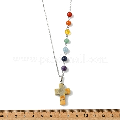 Chakra Natural Mixed Gemstone Religion Cross Pendant 304 Stainless Steel Cable Chain Necklaces for Women&nbsp;NJEW-JN06268