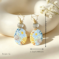 手作りのポリマークレイ＆合金製ドロップピアス  花柄とオーバル  ゴールドカラー  カラフル  64x23mm&nbsp;WGD9B2E-02