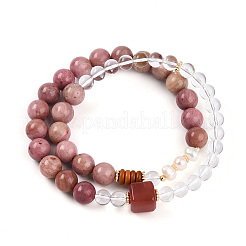 Round Natural Fresh Water Pearl & Red Agate Rhodonite & Quartz Crystal Beaded  Wrap Bracelets for Men Women&nbsp;BJEW-T022-07