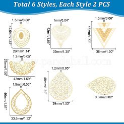 12個6スタイル304ステンレススチールペンダント  エッチングされた金属装飾  ティアドロップ＆ハート＆ファン＆トライアングル  ゴールドカラー  27~48x29~39x0.5mm  穴：1~1.5mm  2個/スタイル&nbsp;STAS-UN0035-07