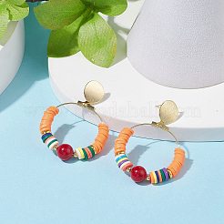 Natural Mashan Jade & Polymer Clay Beaded Big Ring Dangle Stud Earrings&nbsp;EJEW-TA00075-02