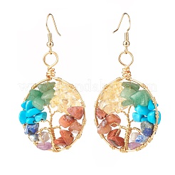 Natural & Synthetic Mixed Gemstone Chips Braided Ring with Tree of Life Dangle Earrings&nbsp;EJEW-JE04878-03