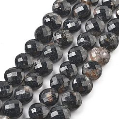 天然石ブラックトルマリンビーズ連売り  ファセットコインビーズ  フラットラウンド  8~8.5x4.5~6.8mm  穴：0.8~1mm  約48~49個/連  15.08~15.35インチ（38.3~39cm）&nbsp;G-C179-A23-03