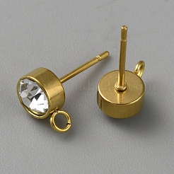 304ステンレススチール、クリスタルラインストーンスタッドピアス金具  フラットラウンド  ゴールドカラー  9x6mm  穴：1.8mm  ピン：11x0.8mm&nbsp;STAS-WH0044-50G