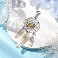 天然の黄色のクォーツペンダント装飾が施された合金編みネット/ウェブ  ワイヤーで包まれた天然水晶チャーム装飾品  80x28mm&nbsp;HJEW-TA00194-01