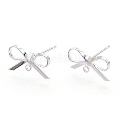 真鍮製スタッドピアスパーツ  カン付き  蝶結び  ニッケルフリー  銀  8~10x15mm  穴：1.2mm  ピン：0.7mm。&nbsp;LS-X-KK-S350-013S
