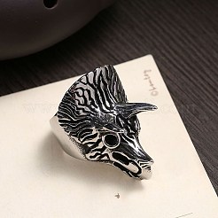 メンズステンレススチールフィンガー指輪  ワイドバンドリング  トリケラトプス  サイズ9  アンティークシルバー  18.9mm&nbsp;RJEW-BB29840-9