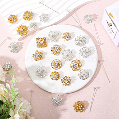 花の合金ラインストーンブローチピン  プラスチックダイヤモンドヘッドストレートピン付き  ミックスカラー  ストレートピン：54x8.5mm  200pc  ブローチピン：19~28x19.5~28mm  24pc&nbsp;JEWB-GL0001-02