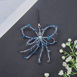ガラス携帯ストラップ1個  アクリル、プラスチック、合金  蝶結び  マリンブルー  150~160mm&nbsp;HJEW-SZ0001-59B