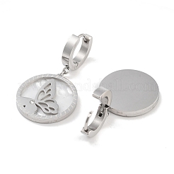 Left and Right Flat Round with Butterfly 304 Stainless Steel Shell Dangle Earrings&nbsp;EJEW-L283-071P
