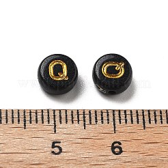 不透明なメッキアクリルビーズ  ゴールドライン入り  アルファベット付きフラットラウンド  文字Q  7x3.5mm  穴：1.2mm  約3846個/500g&nbsp;OACR-R005-03W