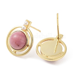 Natural Rhodochrosite Half Round Dangle Stud Earrings&nbsp;EJEW-B027-01G-02