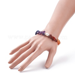Mixed Gemstone Chips Beaded Stretch Bracelet with Natural Pearl&nbsp;BJEW-JB08166-01